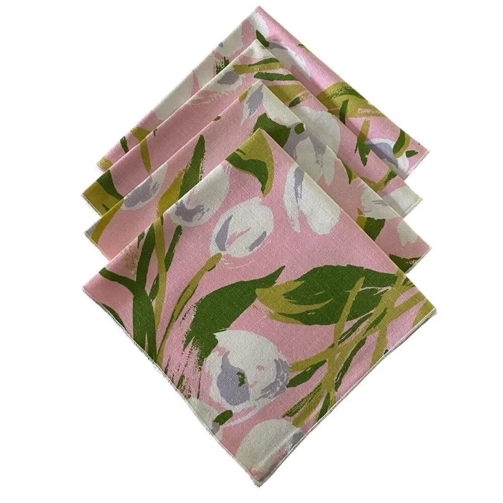 Lot of 4 Linen Napkins Pink Tulips Floral  Cloth 16